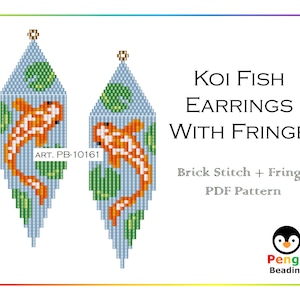 Beaded KOI FISH as Seed Bead Fringe Earrings Pattern - Brick Stitch & Fringe Earrings Beading Patterns, Miyuki Delica Beads, PB-10161