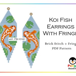 Beaded KOI FISH as Seed Bead Fringe Earrings Pattern - Brick Stitch & Fringe Earrings Beading Patterns, Miyuki Delica Beads, PB-10161