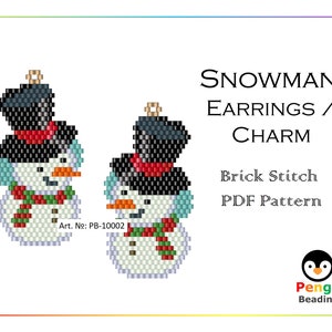 May include: A PDF pattern for brick stitch beading earrings or a charm in the shape of a snowman. The snowman is white with a black hat, red scarf, and green and red trim. The pattern is titled "Snowman Earrings / Charm Brick Stitch PDF Pattern" and is from Pengu Beading.