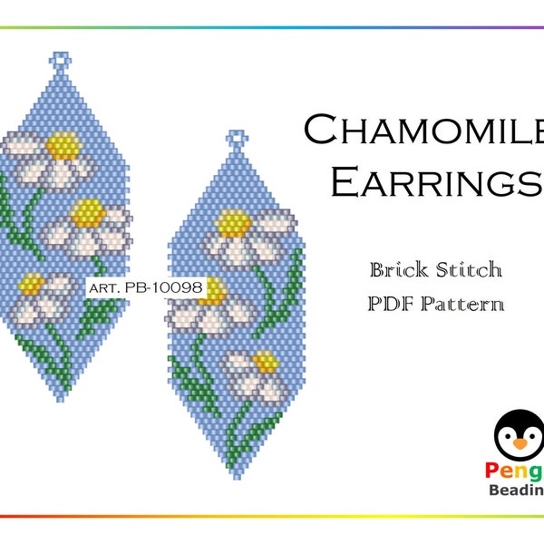 Beaded Chamomile Brick Stitch Earrings - Miyuki Beading Pattern PB-10098