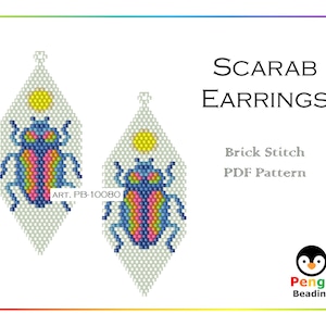 May include: A PDF pattern for brick stitch beaded earrings featuring a colourful scarab beetle design. The pattern is titled "Scarab Earrings" and includes the text "Brick Stitch PDF Pattern" and "ART. PB-10080".