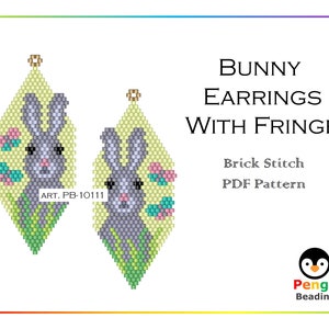 May include: A PDF pattern for beaded bunny earrings with fringe. The earrings are made with brick stitch and feature a pale yellow background with a grey bunny and pink and blue flowers. The pattern is titled "Bunny Earrings with Fringe" and includes the text "Brick Stitch PDF Pattern".