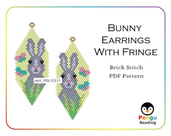Beaded BUNNY Earrings as Brick Stitch Sead Bead Pattern - Brick Stitch Earrings Beading Patterns, Miyuki Delica Beads, PB-10111