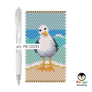 May include: Beaded pattern design of a seagull standing on a beach. The pattern is made with small beads in shades of blue, green, white, gray, and orange. The design is labeled "art. PB-10291".