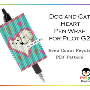 Beaded Cat and Dog Heart Even Count Peyote Pen Wrap for Pilot G2 - Miyuki Beading Pattern PB-10035