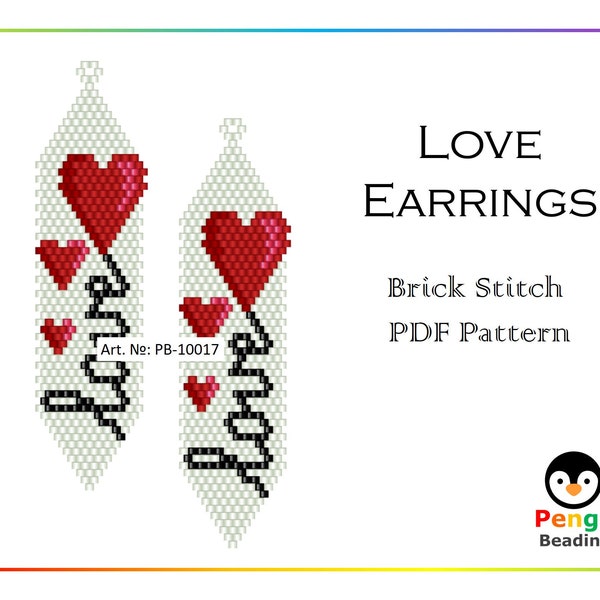 Beaded Love Hearts Valentine's Day Brick Stith Earrings - Miyuki Brick Stitch Beading Pattern PB-10017