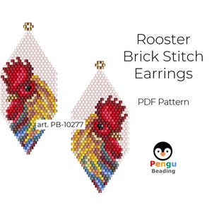 May include: A pair of beaded rooster earrings in brick stitch. The earrings are white with a red, yellow, and blue rooster design. The earrings are labeled "art. PB-10277".