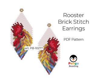 Beaded Rooster Bird Earrings - Miyuki Brick Stitch Beading Pattern PB-10277