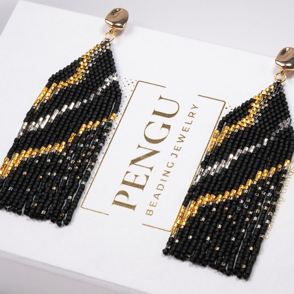 Beaded Black Seed Bead Fringe Earrings Pattern - Brick Stitch & Fringe Earrings Beading, Miyuki Delica 11/0, Camellia Collection, PB-10267