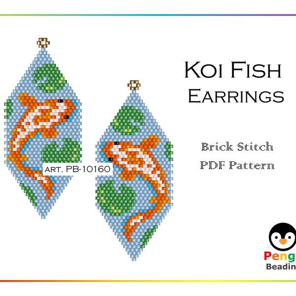 Boucles d'oreilles POISSON KOI perlé - Miyuki Brick Stitch Animaux Beading Pattern PB-10160