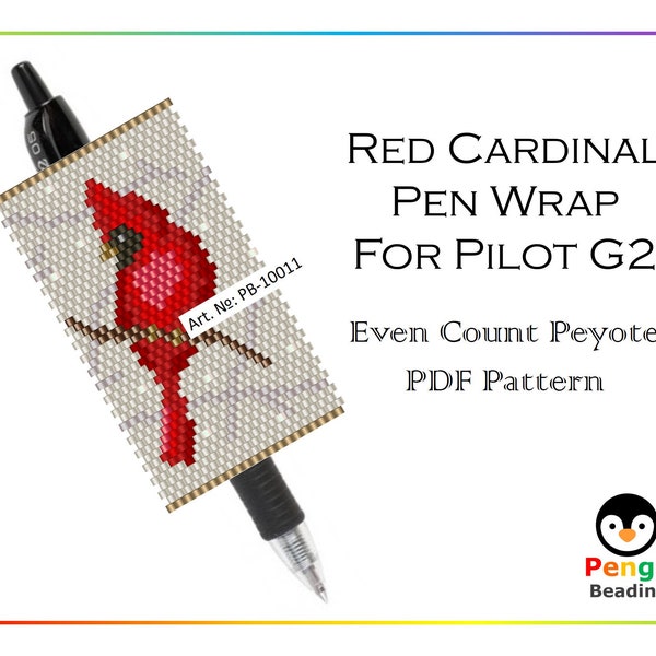 Beaded Red Cardinal Bird Even Count Peyote Pen Wrap for Pilot G2 - Miyuki Beading Pattern PB-10011