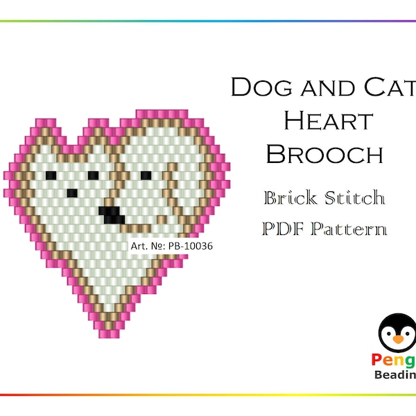 Beaded Cat and Dog Heart Brick Stitch Pattern - Miyuki Beading Pattern PB-10036