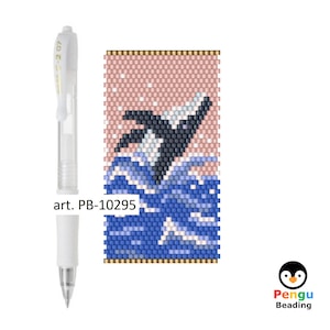 May include: A beaded pattern of a whale jumping out of the water. The whale is black and white, and the water is blue and white. The background is pink. The pattern is labeled "art. PB-10295".