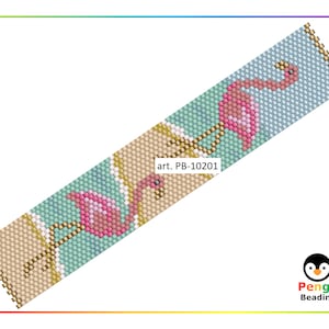 May include: Beaded bracelet pattern featuring two pink flamingos on a beach scene with blue and beige beads. The pattern is labeled "art. PB-10201" and is from Pengu Beading.