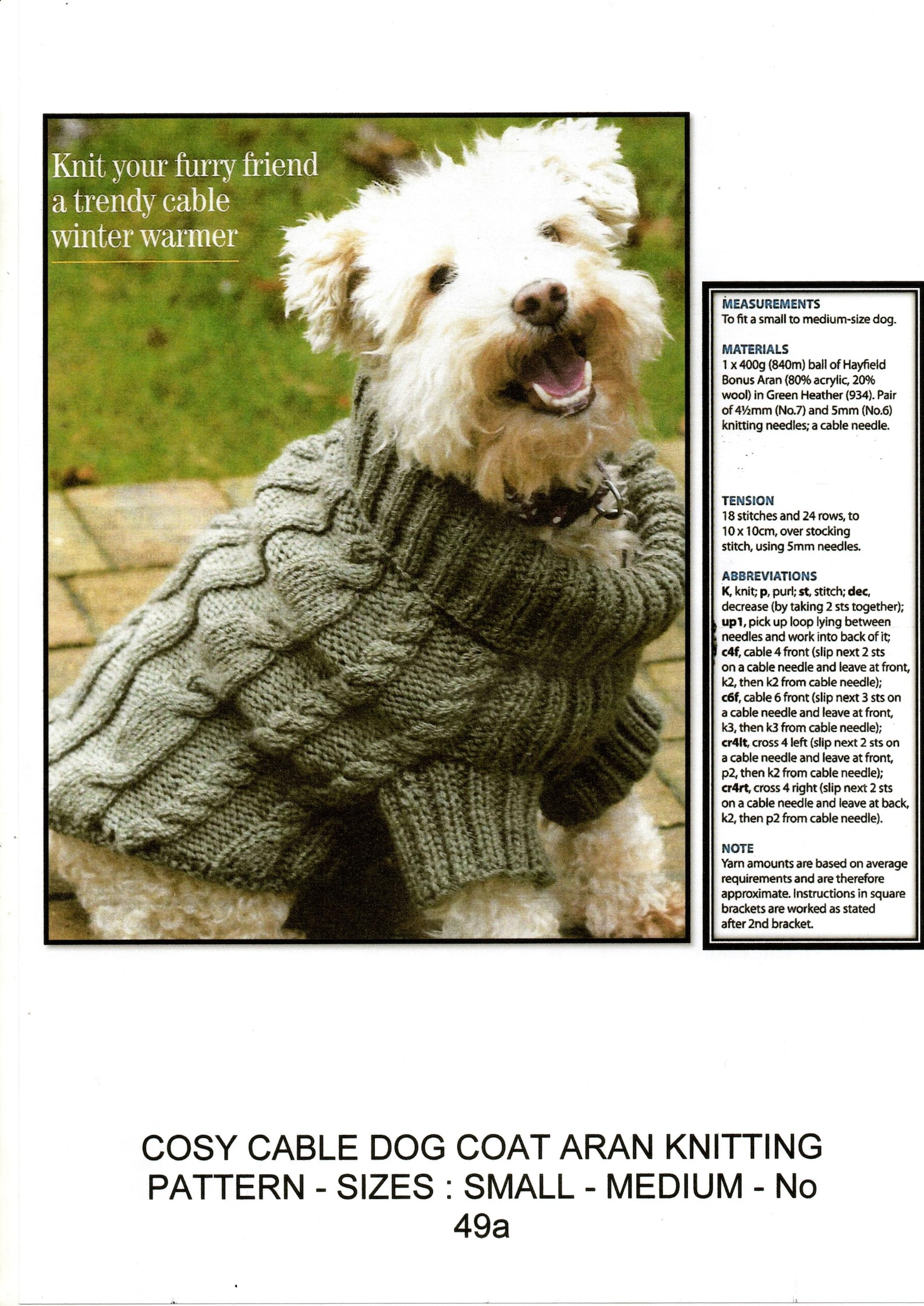 Aran dog coat knitting pattern for small and medium-sized dogs