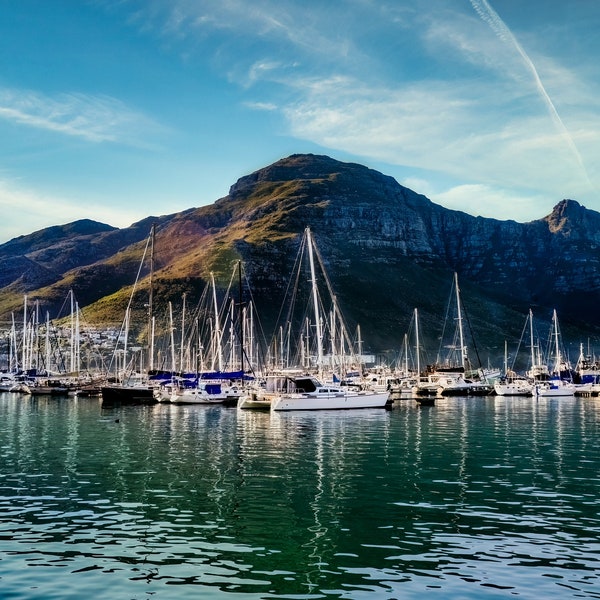 Hout Bay Harbor Cape Town South Africa with Marina Sail Boats and Table Mountain Range - Canvas Photograph Wall Art Print