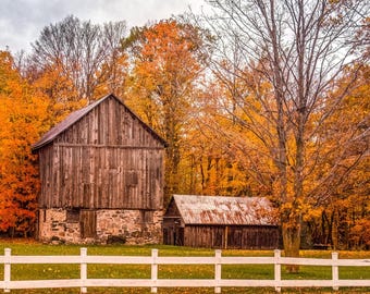 Rustic Barn Autumn Landscape Farm Print, Fall Colors, Wall Art Print, Metal & Acrylic