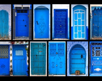 Moroccan Door Photo Collage Print, Blue Doors of Morocco, Travel Photography Moroccan Decor History & Heritage Photography Print
