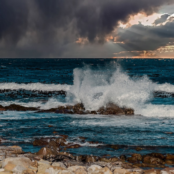 Stormy Ocean and Coastal Cape Town South Africa with Shoreline and Rocks - Canvas Photograph Wall Art Print