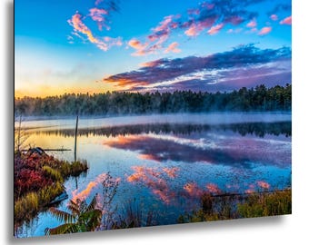 Muskoka Lake Sunrise, Misty Water and Cotton Candy Clouds, Serene Ontario Wall Art Print - Paper & Canvas