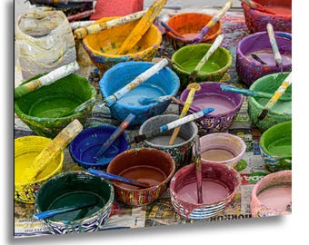 Colourful Rainbow Paint Pots and Brushes, Fez Morocco Pottery Workshop, Vibrant Wall Art Print - Paper & Canvas