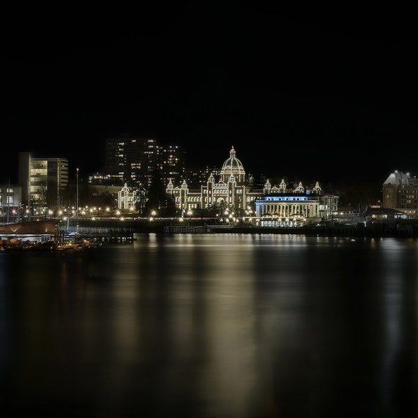 Victoria BC British Columbia Inner Harbor and Parliament Buildings.  Night Shot on Canvas, Photograph - Wall Art Print