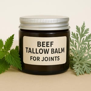 May include: A dark glass jar with a silver lid, labeled "BEEF TALLOW BALM FOR JOINTS." Green leaves flank the jar. The balm is likely for joint care, a natural remedy.