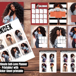 Puede incluir: Un planificador de amor propio con encuadernación en espiral roja, con ilustraciones de una mujer con cabello largo y rizado oscuro. El planificador incluye un calendario, páginas de diario y un índice.