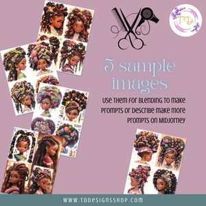 May include: Five digital illustrations of Black women with elaborate hairstyles decorated with flowers and other embellishments. The images are for use in blending prompts on Midjourney.