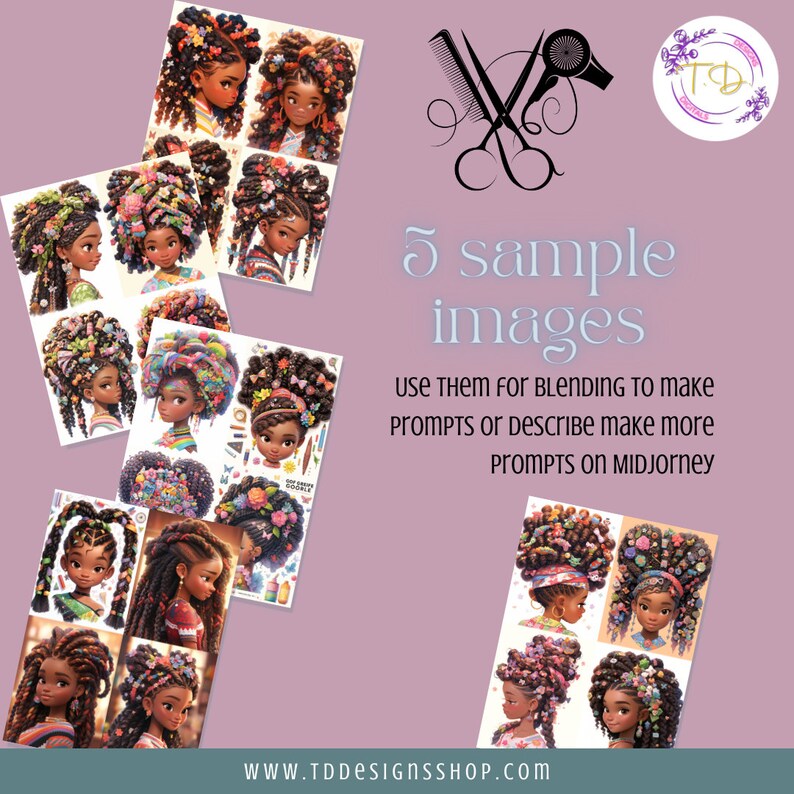 May include: Five digital illustrations of Black women with elaborate hairstyles decorated with flowers and other embellishments. The images are for use in blending prompts on Midjourney.