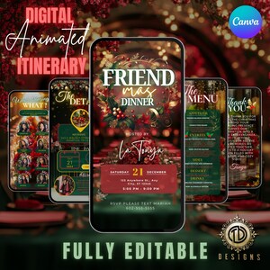 Puede incluir: Una invitación digital para una cena de Navidad. La invitación está diseñada para parecerse a la pantalla de un teléfono inteligente y presenta un esquema de color rojo y verde festivo con una corona de acebo y bayas. El texto de la invitación dice "Cena de Navidad entre amigos" e incluye la fecha, la hora y la ubicación del evento. La invitación también incluye un menú y una nota de agradecimiento.