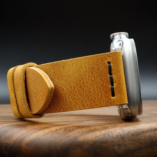 Handcrafted Genuine Leather Apple Watch Band in Mustard, Stylish and Comfortable, Compatible with all Apple Watch Series, Secure Clasp