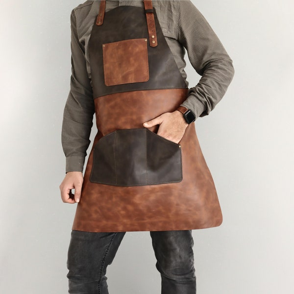 Genuine Leather Workshop Apron - Handmade, Personalized, Craftsman Apron Brown and Black