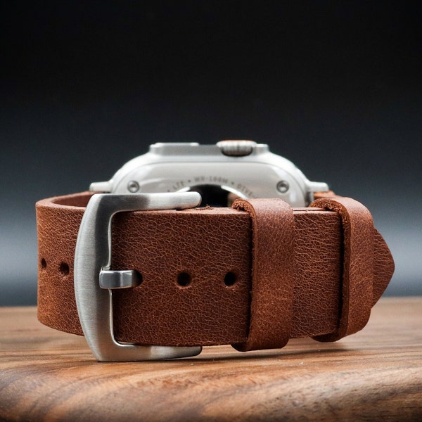 Bracelet pour Apple Watch fabriqué à la main en cuir véritable marron, élégant et confortable, compatible avec toutes les séries de montres Apple, fermoir sécurisé