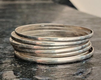 Silver Plated Set of 7 Bangles, Mexican Semanario Bracelets