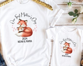 Personalized Our First Mother's Day Shirt, Mommy and Me Fox Matching Tee, New Mom Mama Baby Animal Custom Name Year Outfit, Mothers Day Gift