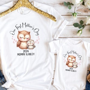 Personalized Our First Mother's Day Shirt, Mommy and Me Owl Matching Tee, New Mom Mama Baby Animal Custom Name Year Outfit, Mothers Day Gift