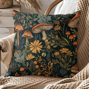 Autumn Forest Floral Pillowcase, Faux Suede Botanical Floral Pillow Cover, Cottagecore Woodland Decor, William Morris Inspired Mushrooms 2