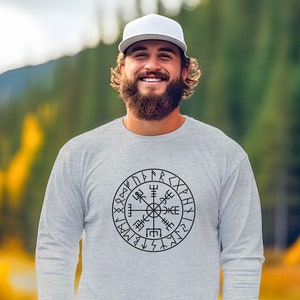 Vegvisir Viking Compass Shirt, Long Sleeve Tee, Runes Goth Pullover Men, Icelandic Nordic Runes Gift, Berserker Wikinger Odin, Norse Clothes