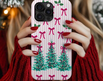 Christmas Phone Case Coquette Trees Bows Holly Berries Pink Preppy Winter Holiday iPhone 16 15 14 13 12 Pro Max Plus Mini Pixel Samsung D1
