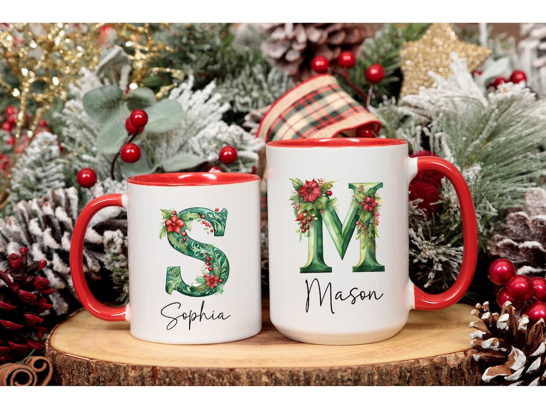 Christmas Mug Personalized, Christmas Coffee Mug, Custom Holiday Mug, Green First Initial Mug
