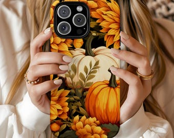 Fall Autumn Harvest Phone Case, Cottagecore Phone Case For iPhone Samsung Google Phones, Pumpkins Floral Flowers Trendy Cute Boho Design 1