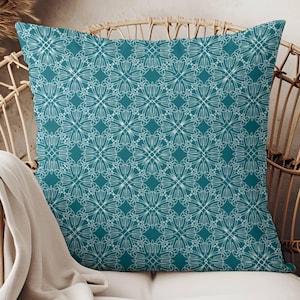 Floral Doodles Teal Pillow Geometric Throw Pillow Cover Boho Cottage Cute Country Farmhouse Blue Green Pillowcase 14x14 16x16 18x18 20x20