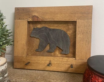 Rustic Bear Wooden Pine Framed Key Holder Rack • 3 or 5 or No Nail Hook Options • Cabin Lodge Lake House Decor • DIY Options Available