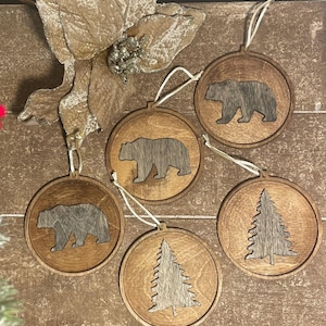 Rustic Wooden Bear and Pine Tree Silhouette Christmas Tree Ornaments •  5 Piece Forest Set • Layered Wood 3d  • FREE SHIPPING!