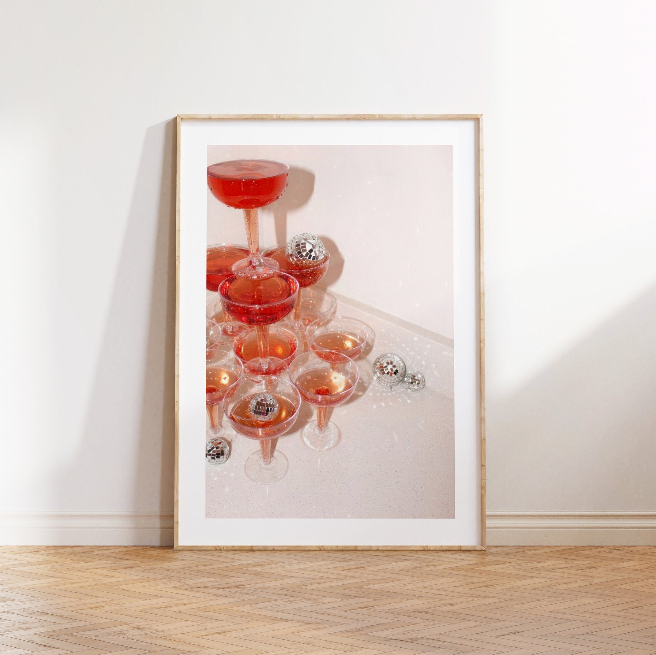 Cocktail Glasses Wall Art Disco Ball Print Party Night 