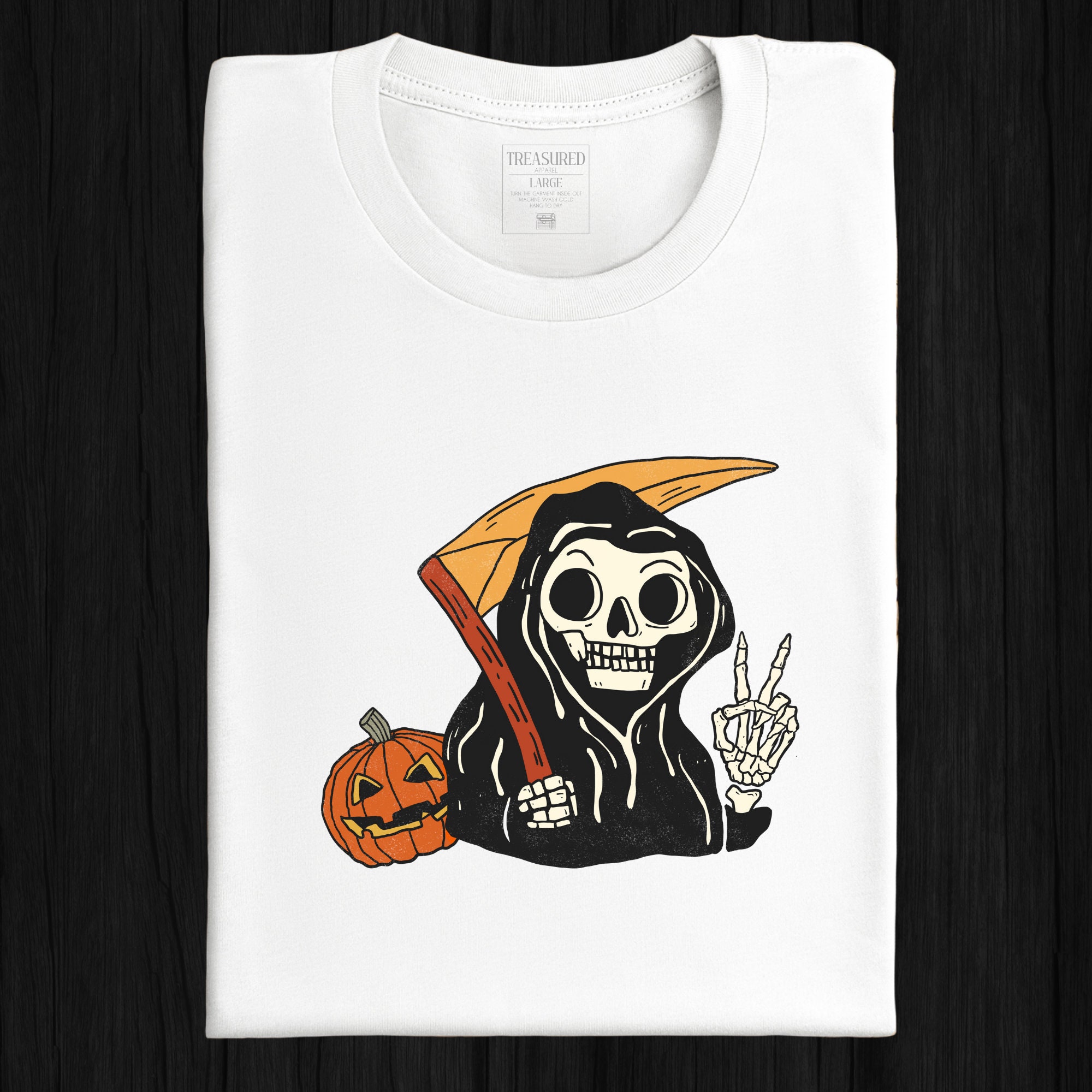 Discover Grim Reaper Shirt | Skeleton Distressed T-shirt | Halloween Shirt | Peace Sign | Jack-o-lantern