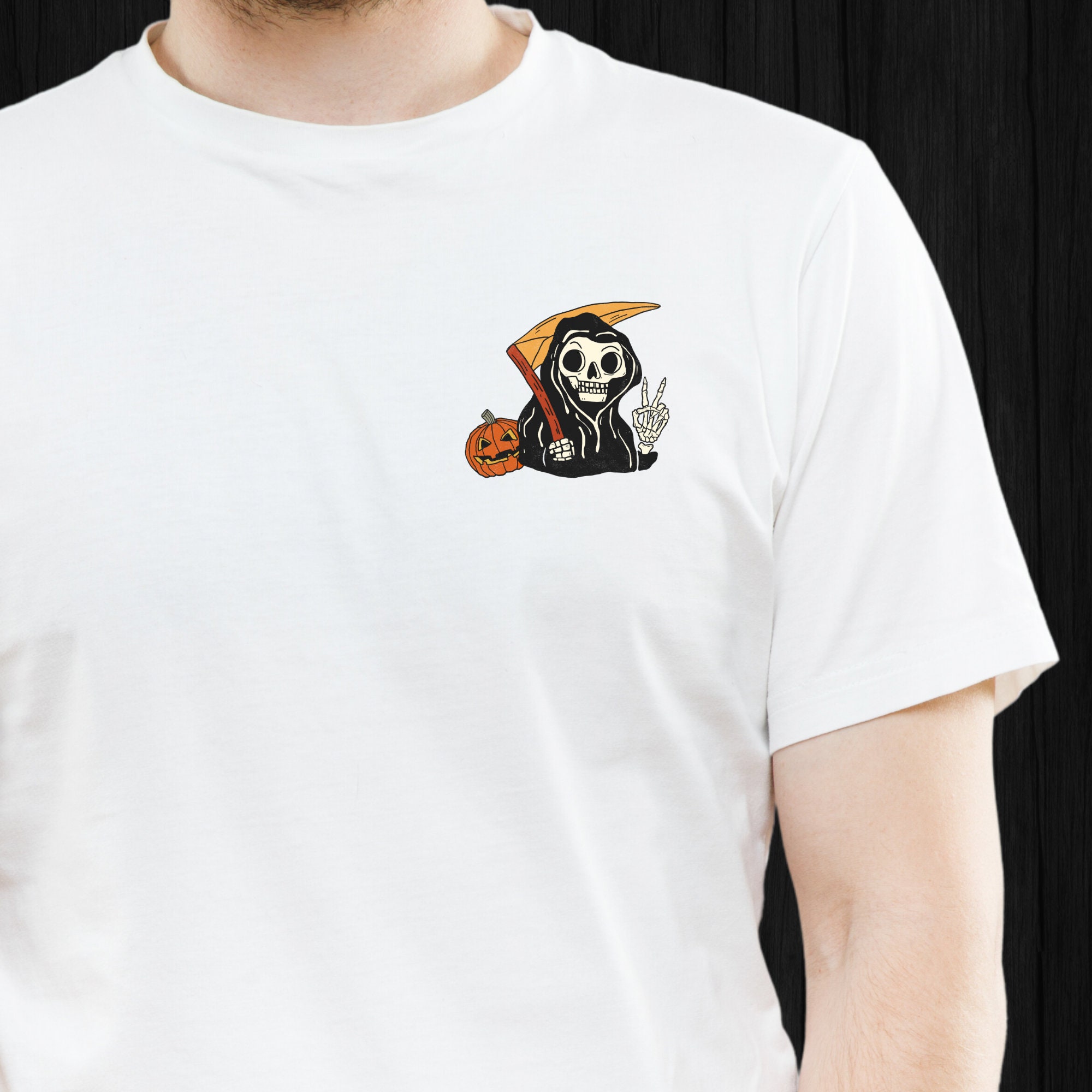 Discover Grim Reaper Shirt | Skeleton Distressed T-shirt | Halloween Shirt | Peace Sign | Jack-o-lantern