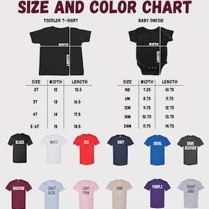 Puede incluir: Tabla de tallas y colores para camisetas de ni&ntilde;o peque&ntilde;o y bodies de beb&eacute;. Incluye medidas de talla, ancho y largo en pulgadas. Los colores disponibles son negro, blanco, rojo, azul marino, real, gris oscuro, granate, azul claro, rosa claro, arena, morado y gris deportivo.