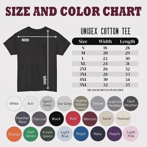 May include: A black unisex cotton tee shirt with a size and colour chart. The chart lists sizes S to 5XL with width and length measurements in inches. Colour options include white, black, red, and more.
